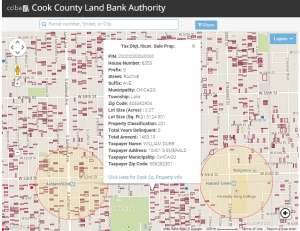 Screenshot of CCLBA's interactive property viewer. Please click graphic to view all tax-delinquent parcels.